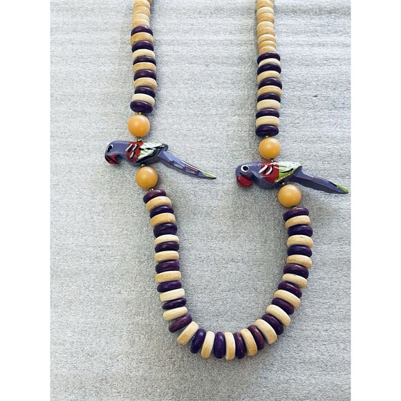 VTG '80s Boho Clay Disk Necklace 22" w/ Hand-Carved Parrot Beads & Brass Spacers - Picture 4 of 8